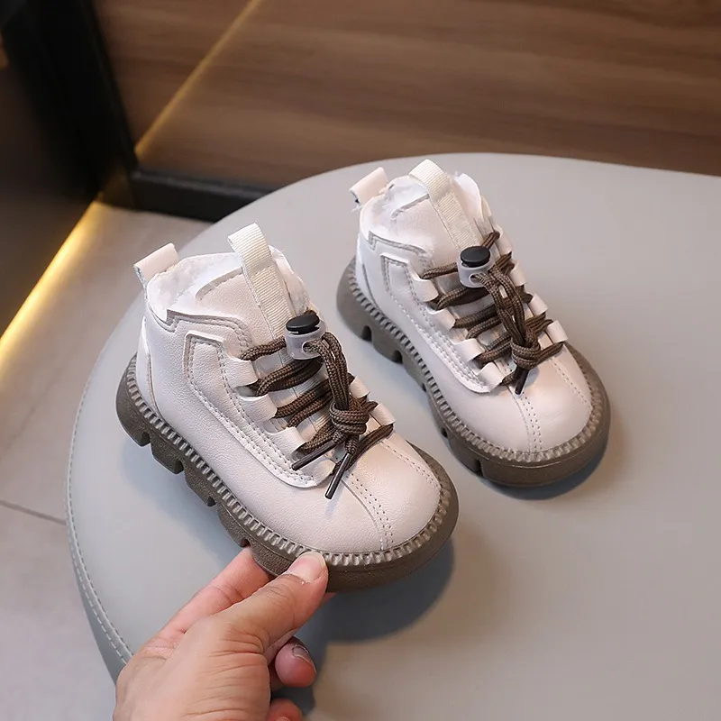 Botas cortas impermeables de cuero Happysteps para niños, zapatos de algodón cálidos y gruesos de felpa para la nieve, de invierno, a la moda, de cuero para niños pequeños_voghion.com