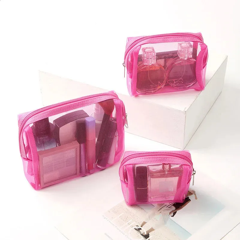 3 Teile/satz Reise Rose Mesh Kosmetische Reißverschluss Für Frauen Waschen Kulturbeutel Make-Up Organizer Tragbare Aufbewahrungstasche 240730_voghion.com