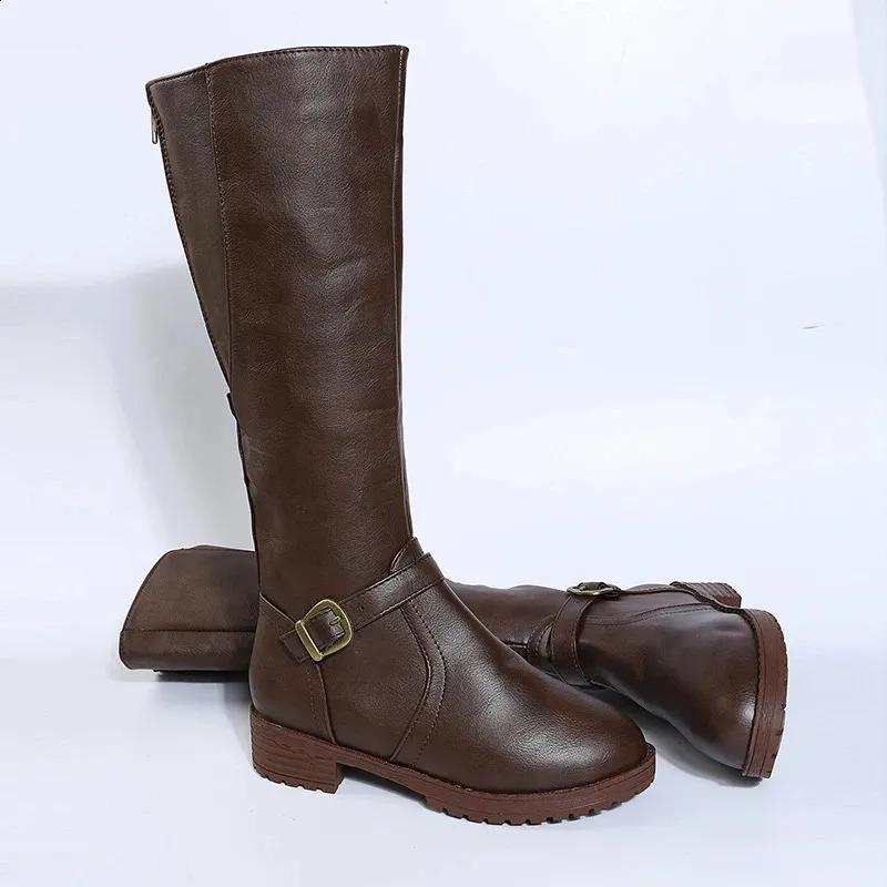Retro Brown Knee High Large-sized Low Platform Long Autumn Pu Leather Zipper Womens Warm Boots 240911_voghion.com