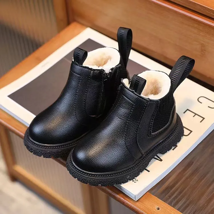Winter Nieuwe Kinderen Dikke Warme Zijrits PU Leren Waterdichte Sneeuwlaarzen Kidsnest Jongens Meisjes Antislip Pluche Katoenen Schoenen_voghion.com