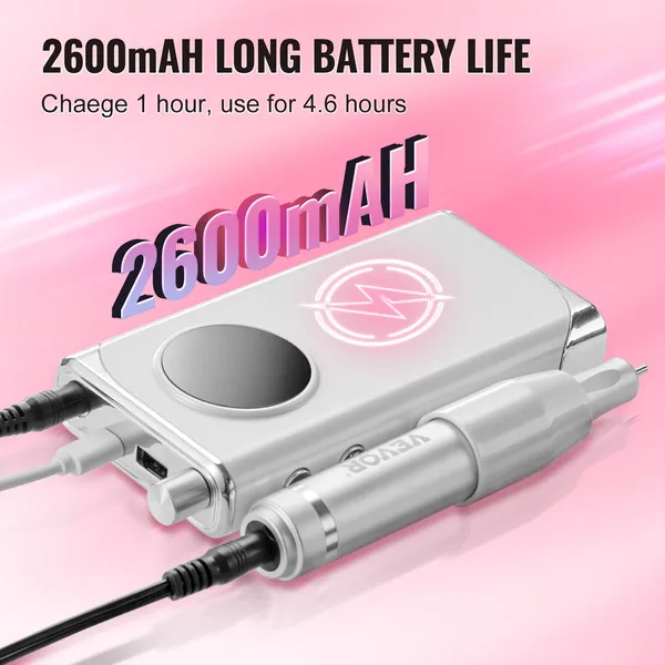 VEVOR Electric Rechargeable Nail Drill, 40,000RPM Portable Cordless Nail E File Machine, LCD-Display Acrylic Gel Grinder Tool With 6 Bits And 50PCS_voghion.com
