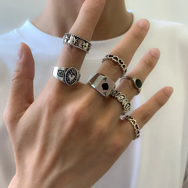 Lot de 7 bagues gothiques sculptées en forme de cœur pour homme, style antique, couleur argent, style vintage, géométrique, accessoires_voghion.com