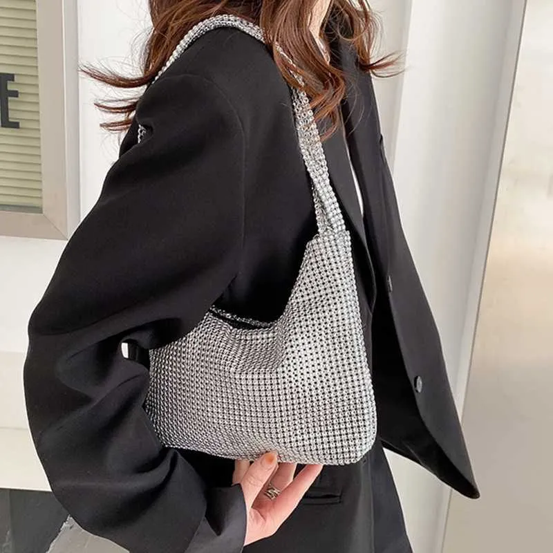 Bolsa de ombro de casamento requintada de prata brilhante Rhie Underarm Evening Wedding Bolsa de mão para jantar C241211_voghion.com