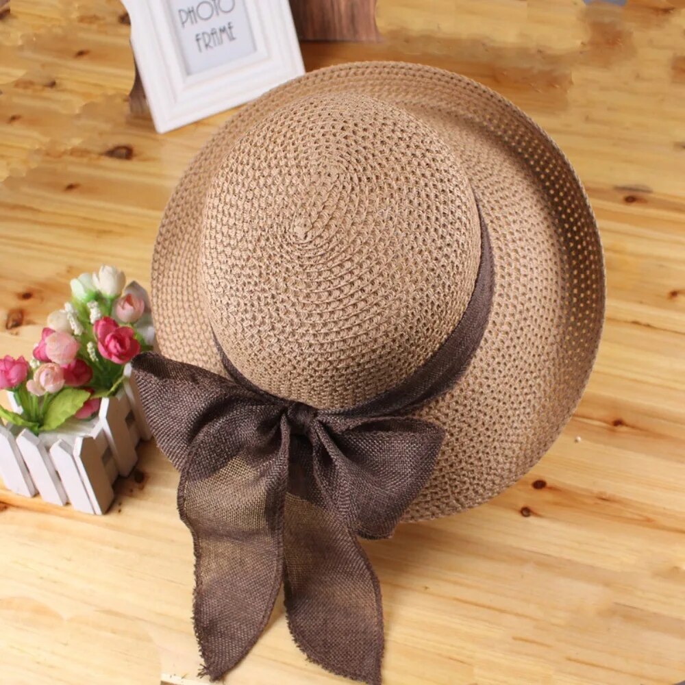 Pălărie de soare pliabilă cu panglică, model vară, pentru femei, pliabilă, cu protecție UV, paie, moda nou-născutului_voghion.com