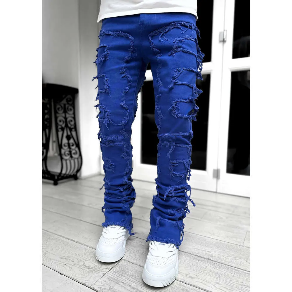 Pantalon droit en denim à patch élastique pour homme, nouvelle mode de rue_voghion.com