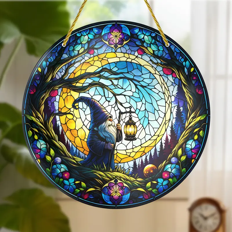 8x8in Gnome Genie Suncatcher - Vibrant Acrylic Stained Glass Decor For Porch, Office & Patio - Whimsical Holiday Gift_voghion.com