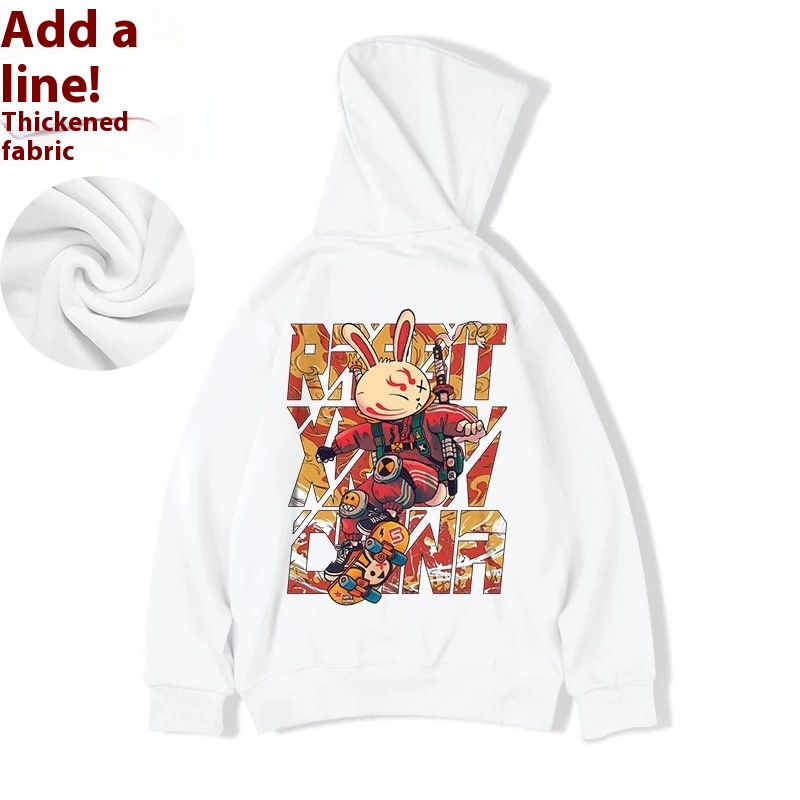 Felpa con cappuccio oversize Year of the Rabbit, abbigliamento da uomo di grandi dimensioni Instagram alla moda, peluche hip-hop rosso autunno e inverno_voghion.com