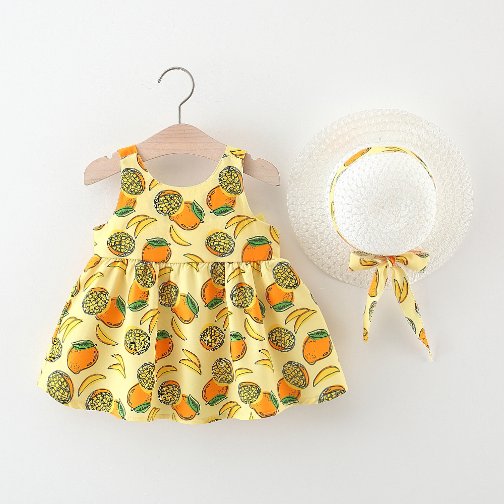 Baby Girl Summer Dress Mango Fruits Printed Bow Tank Dress Tropical Hawaiian Beach Style Dress Send Hat_voghion.com