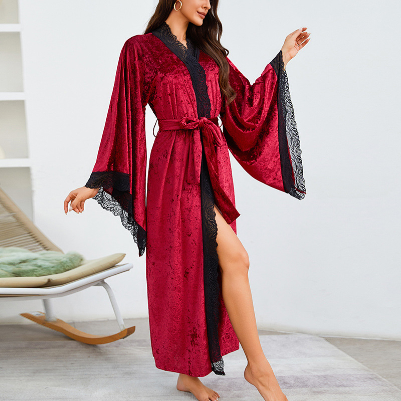 Halat de baie lung pentru femei, pijamale, sexy, dantelă, ușoară, luxoasă, cu mâneci lungi, cămașă de noapte din catifea, halat de baie, haine de casă_voghion.com