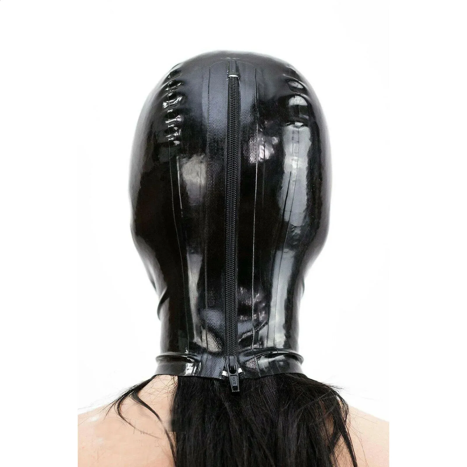 Cagoule en latex noir avec oreilles de chat, fermeture éclair dans le dos, yeux ouverts, bouche, masque en caoutchouc, costume de cosplay 240_voghion.com