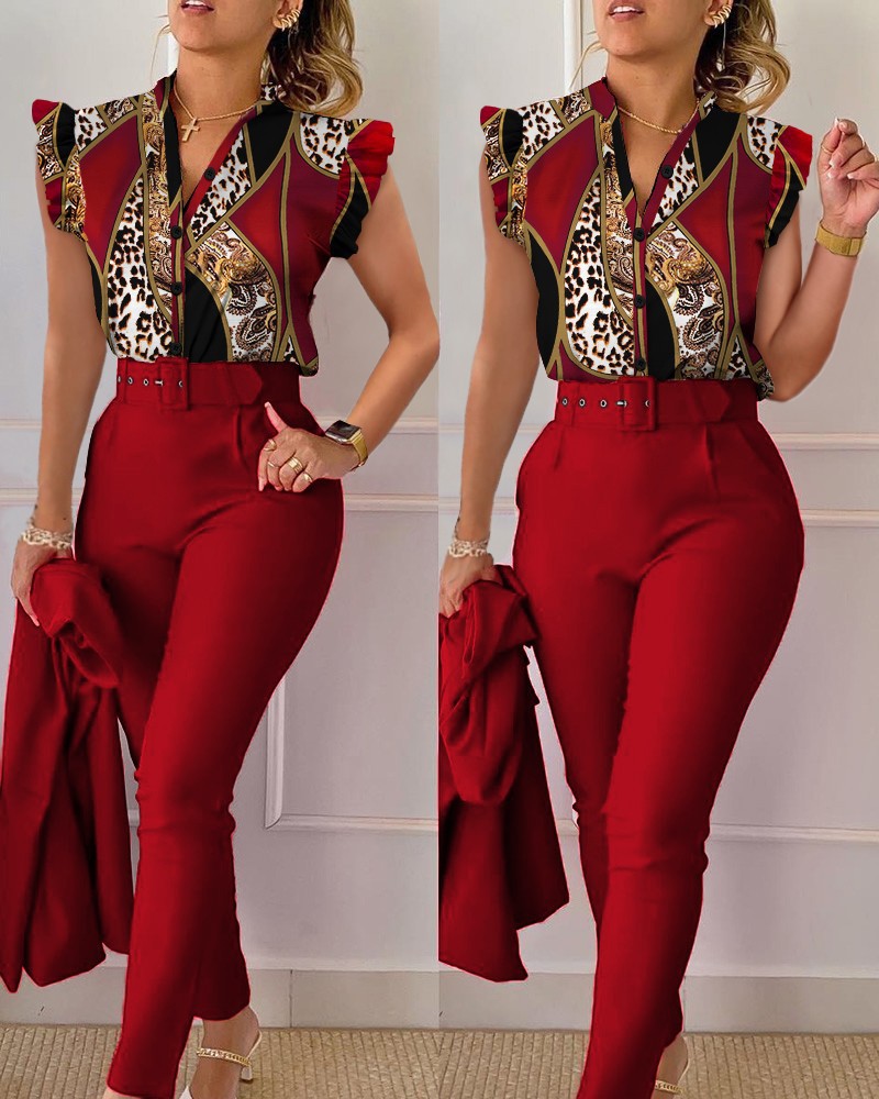 Women's Fashion Casual Lotus Leaf Sleeve Vest Two-piece Suit Women's Clothing_voghion.com