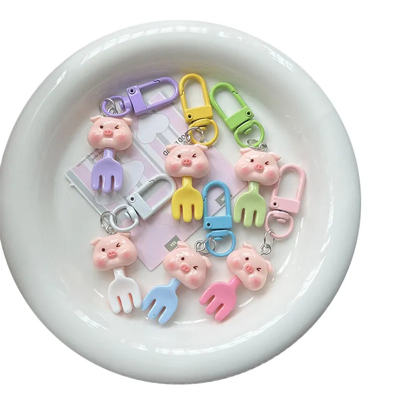Kawaii Cartoon Piggy Fork Keychain Cute Animal Keyring Lovely Resin Key Holder School Pendant Bag Backpack Ornament_voghion.com