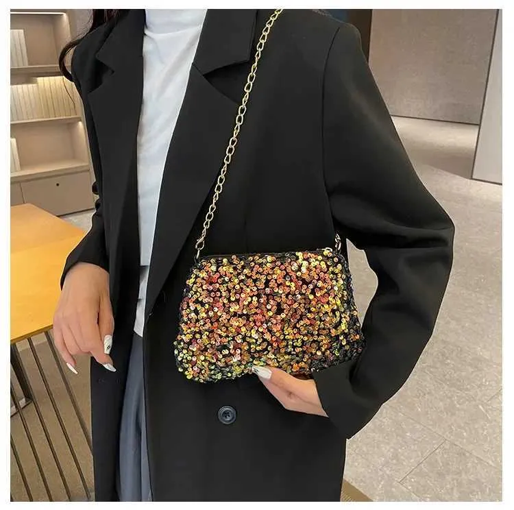 Sac à bandoulière à chaîne simple INS couleur unie paillettes sac à bandoulière portefeuille mobile sac à main de nuit Y241019_voghion.com