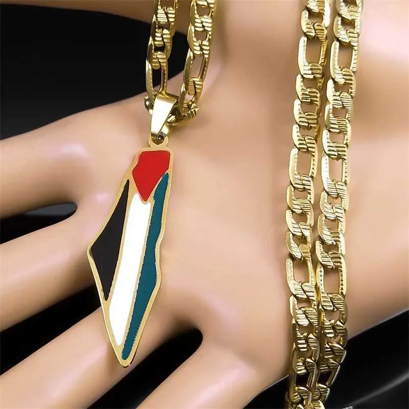 Palestine Map Flag Pendant Necklace Stainless Steel Gold Plated_voghion.com