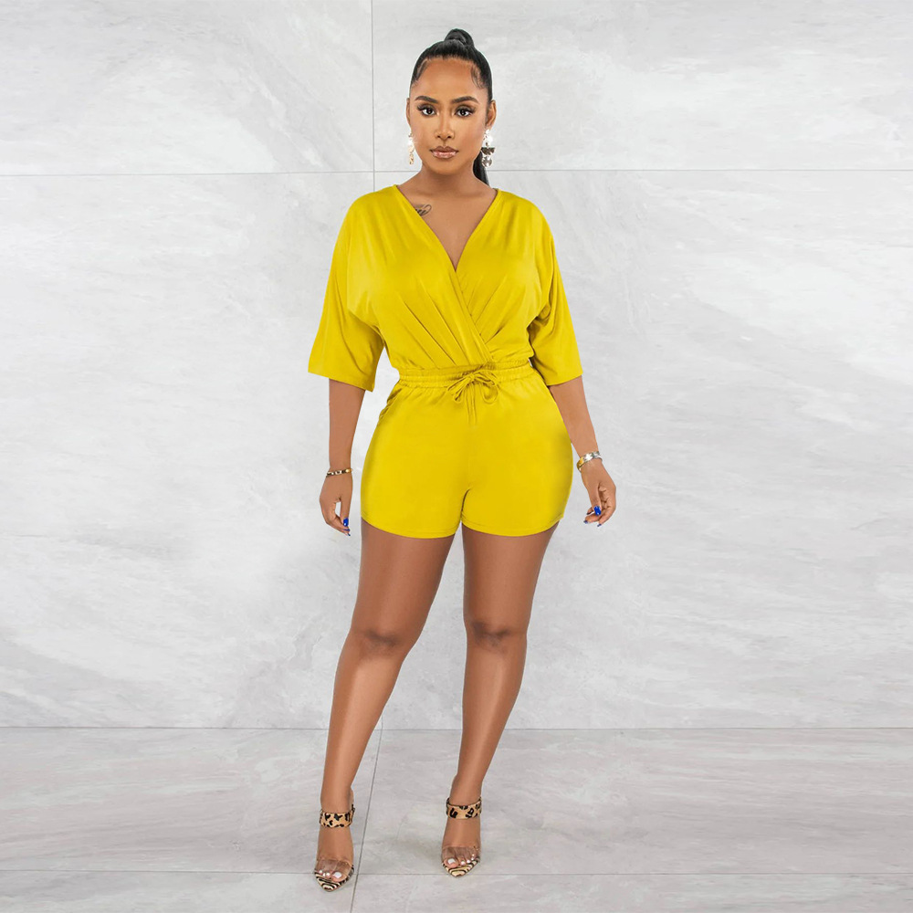 Women's V-neck Jumpsuit Solid Colour Waist Casual Short Romper_voghion.com