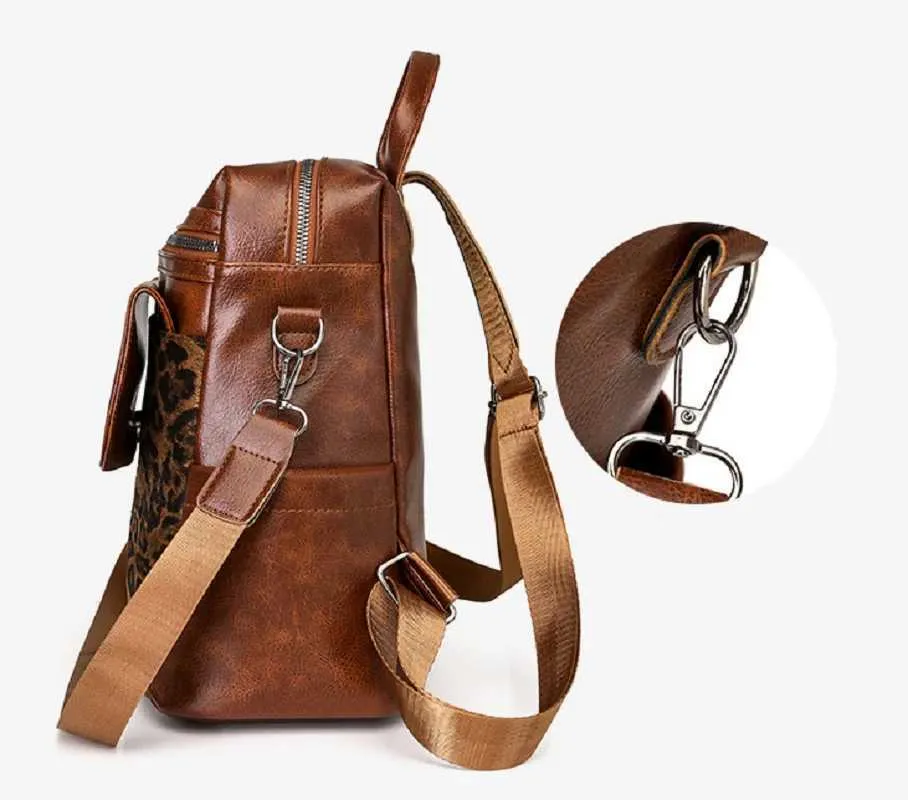 Sacs à dos de voyage en cuir vintage léopard pour femmes, nouvelle mode, grande capacité, sacs à bandoulière, fourre-tout, sac d'école, bandoulière_voghion.com