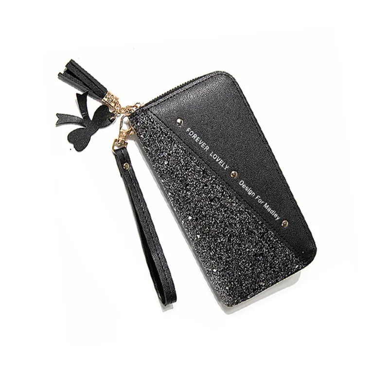 Carteira feminina longa com zíper e glitter brilhante - emenda coreana, contraste de cores, borlas e detalhes de rebites_voghion.com