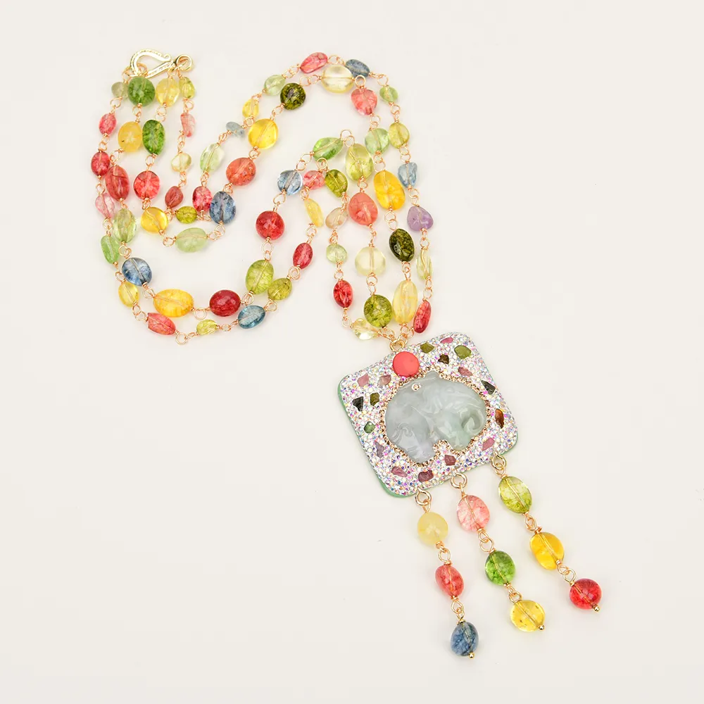 Pendant Necklaces GG Jewelry 2 Rows Mix Color Natural Crystal Smooth Net Stone Necklace Jadeite Carved Elephant_voghion.com