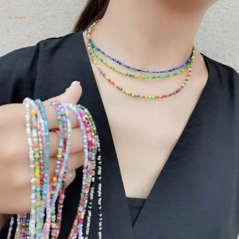 Colar de contas coloridas estilo boho joia com corrente_voghion.com