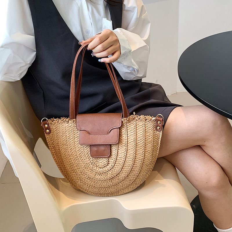 Sommer Frauen Reise Stroh Taschen Rattan Schulter Crossbdoy Handarbeit Gewebt Strand Tasche Weibliche Große Kapazität_voghion.com