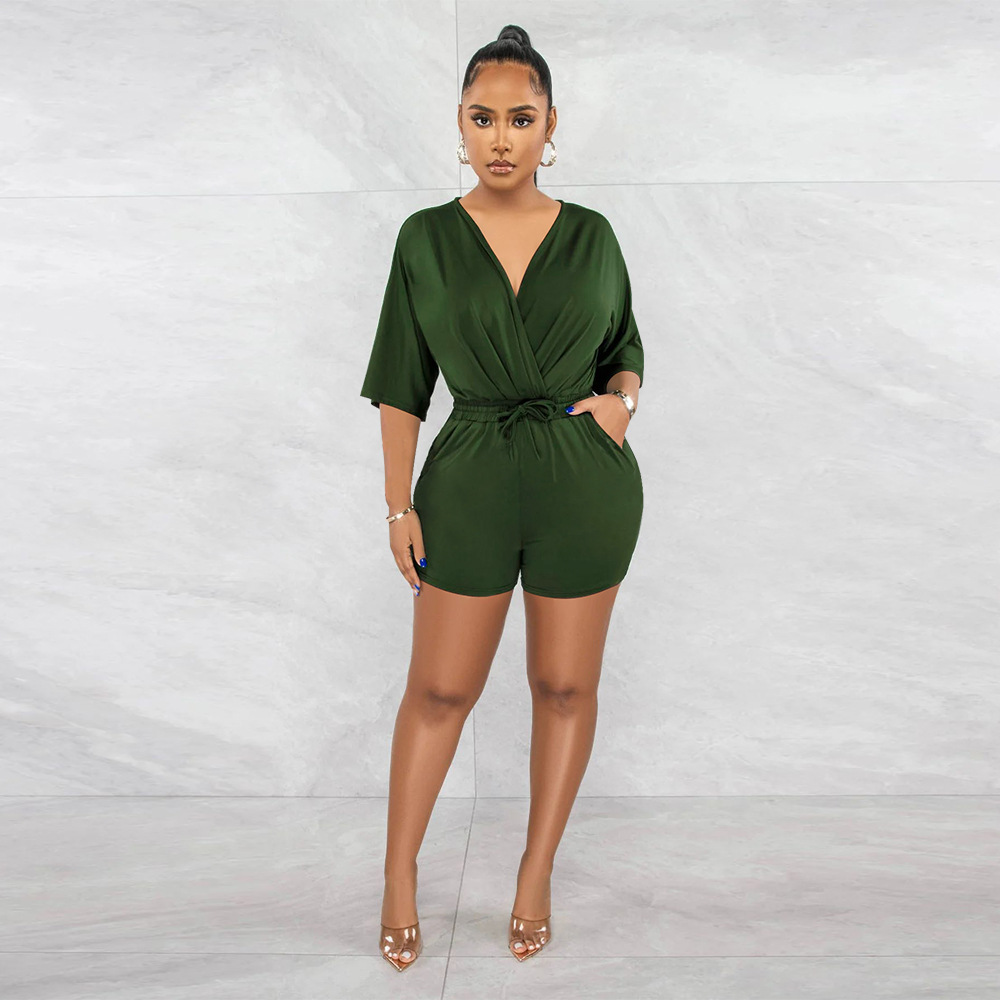 Women's V-neck Jumpsuit Solid Colour Waist Casual Short Romper_voghion.com