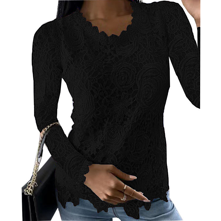 Solid lace long sleeved commuting style versatile top new lace long-sleeved tops_voghion.com