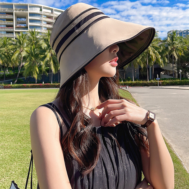 Fashion Summer Vinyl Sun Women Stripe Wide Brim UV Protection Bucket Hat Foldable Outdoor Beach Ladies Empty Top Sunscreen