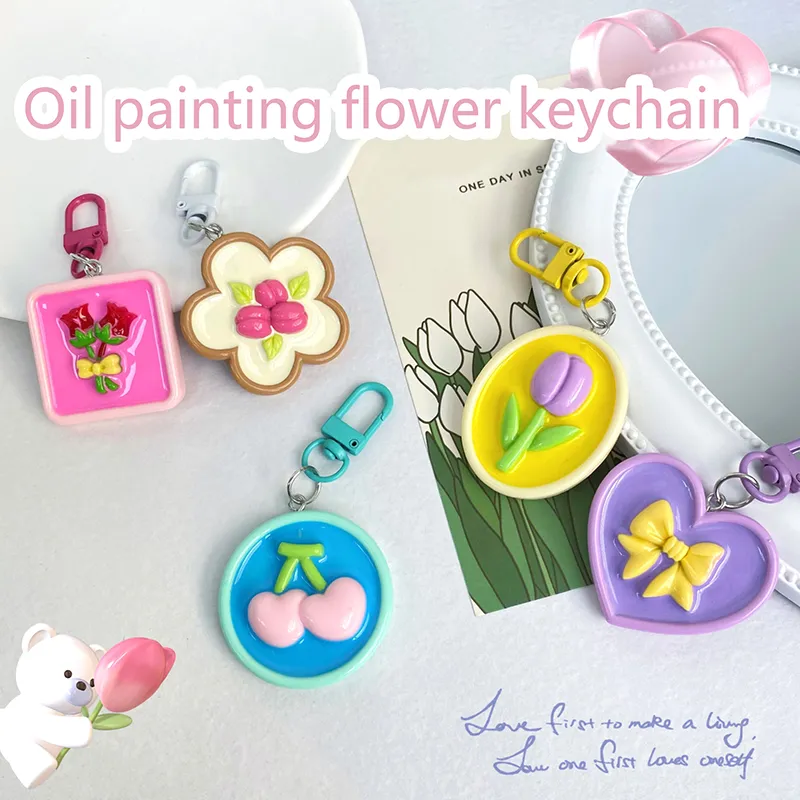 Portachiavi a forma di fiore dipinto a olio con motivo a tulipano, rosa, ciliegia e farfalla, con nodo, per auto, borsa, zaino, ciondoli, decorazioni_voghion.com
