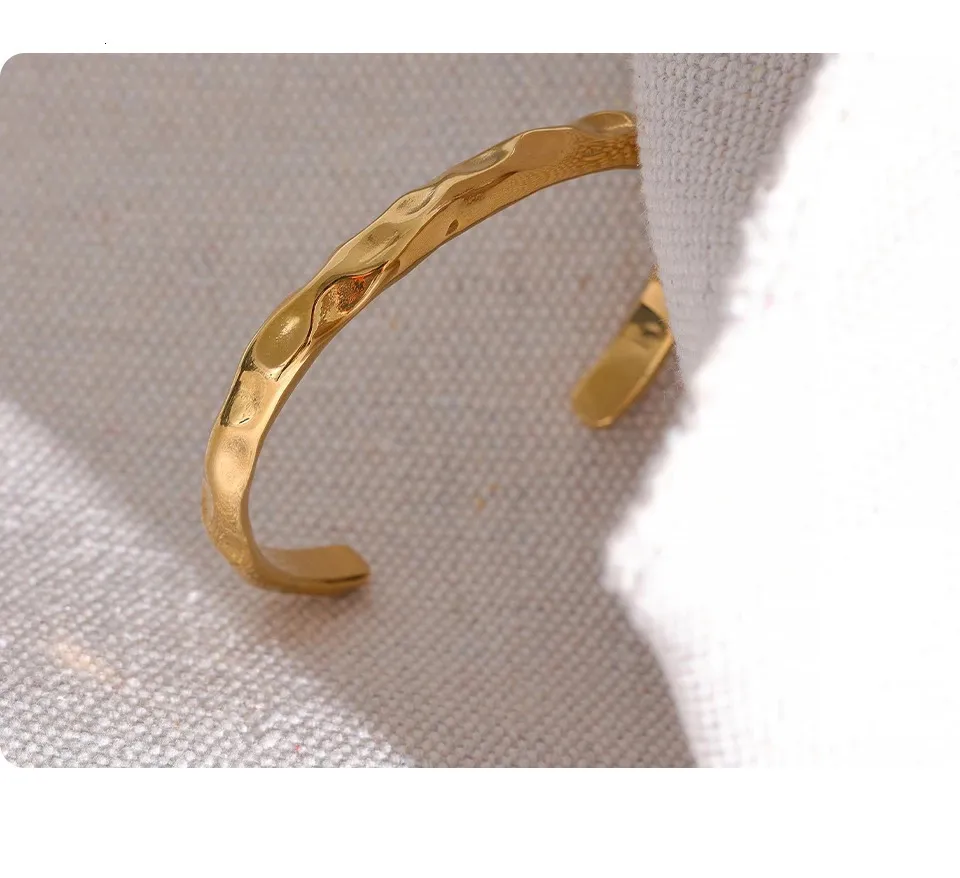 Yhpup Minimalist Gold Color Tarnish Free Fashion Stainless Steel Bangle Bracelet Metal Texture Simple Open Charm Wrist_voghion.com