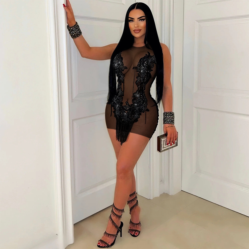 Women's Clothing Sequined See Through Tassel Dress For Women Sexy Hip Wrapped Slim Sleeveless Short Skirt For Women