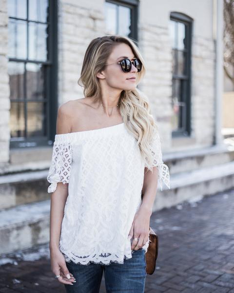 Damenmode Spitze Off-die-Schulter einfarbig sexy Damen Top T-Shirt_voghion.com