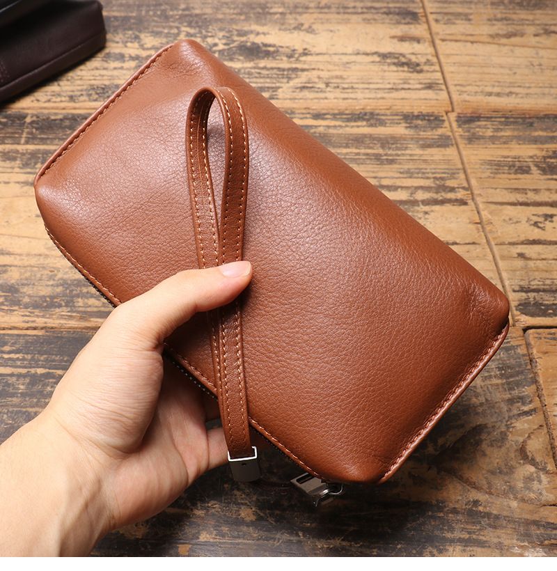 Herrenhandtasche echtem Leder, weicher Lederreißverschluss, lange Brieftasche, lässige Telefontasche aus Rindsleder der_voghion.com