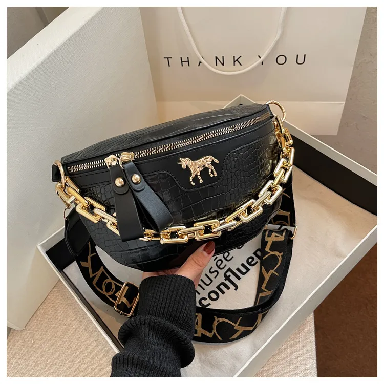 Thick Chain Women's Waist Fanny Pack Fashion Crossbody Chest Bags Female Belt Crocodile Shoulder Bag_voghion.com