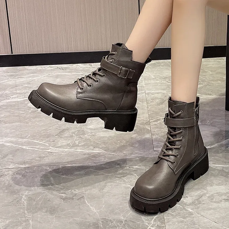 Botas cortas estilo británico para mujer, nuevas, de otoño/invierno, con cordones y cremallera, estilo motociclista, estilo retro, talla 43_voghion.com