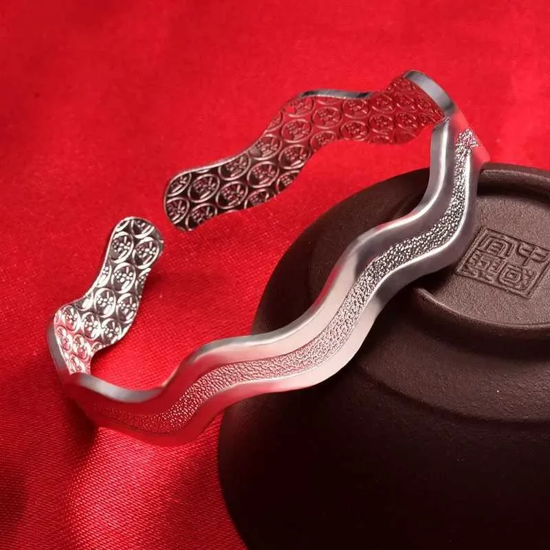 Sterling Silver Wave Bangle Bracelet For Women Adjustable Jewellery_voghion.com