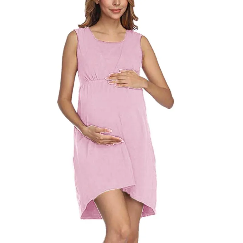Robes de maternité 2024 col rond robe sans manches à la mode femmes enceintes vêtements allaitement grossesse Q06201_voghion.com