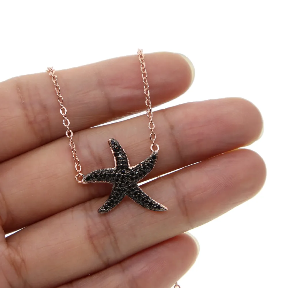 Collier avec pendentif étoile de mer noire en or rose de 41 cm avec chaîne de 5 cm et bijoux d'été gratuits sur le thème de la plage_voghion.com