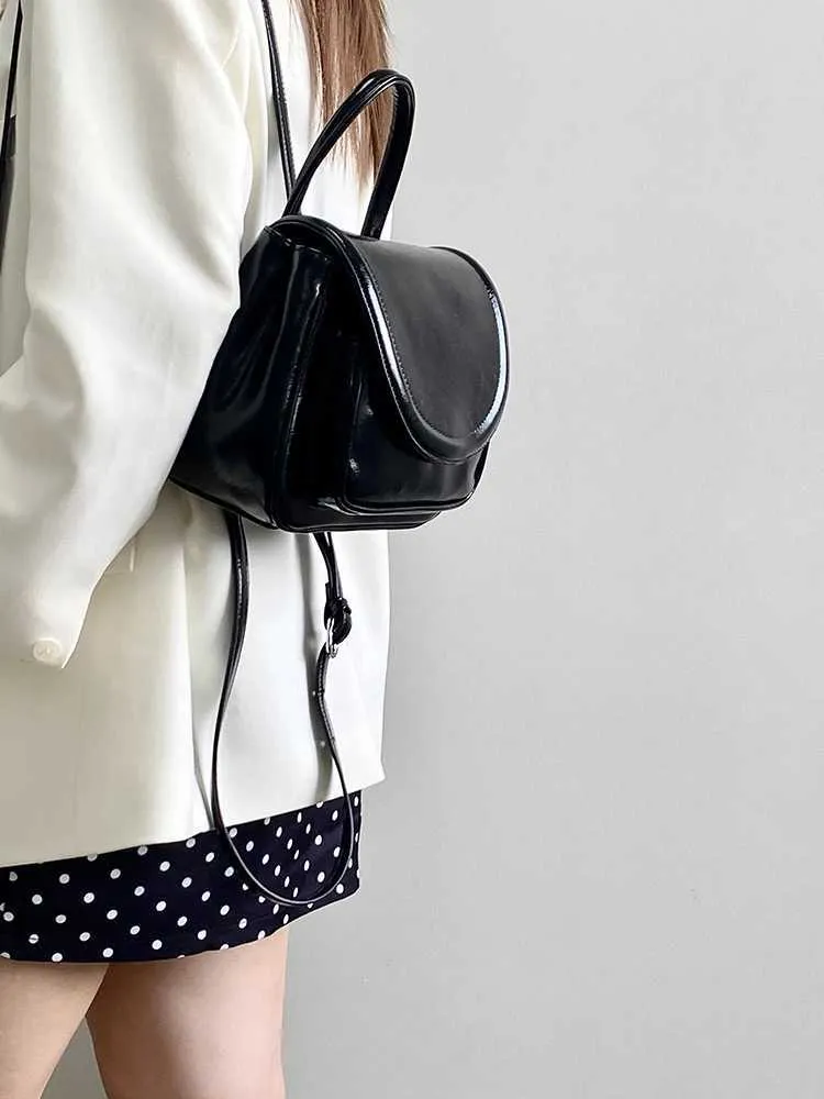Elegant Black Backpacks Women Solid Leather Flap Shoulder Pack Large Capacity Female Commute Handle Bags College Pu_voghion.com