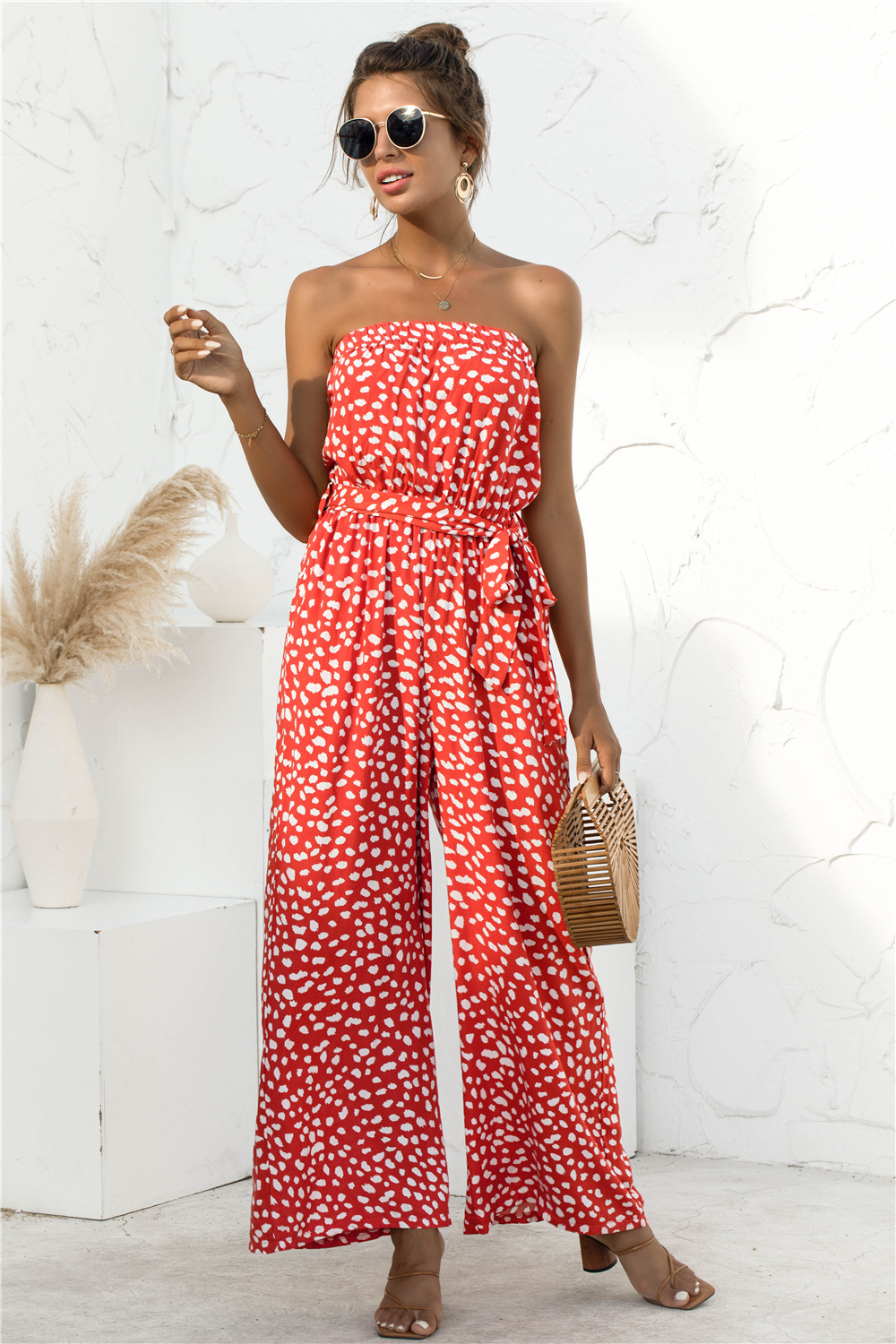 Nuevos productos de verano para mujer, nuevo mono de pierna ancha con cordones y estampado de lunares en forma de corazón y top de tubo sexy_voghion.com