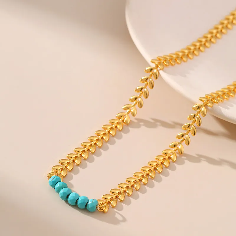 Collier de perles turquoise irrégulières faites à la main pour femmes, chaîne porte-bonheur en forme d'épis de blé dorés, bijoux rétro_voghion.com