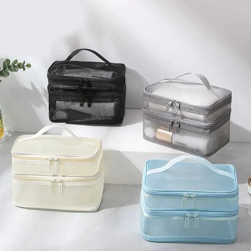 Reise-Kosmetik-Organizer mit 2 Schichten, transparent, faltbar, Netz-Reißverschluss, große Kapazität, Make-up-Reinigungstasche 2024_voghion.com