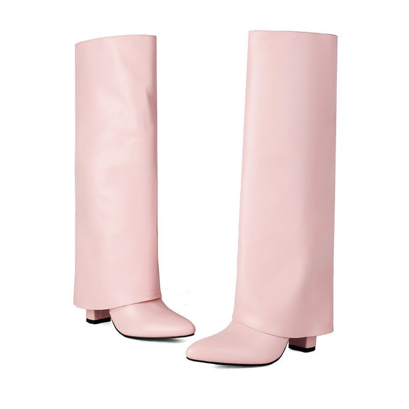 Mote kvinners bukser spisse hæler pluss størrelse slip-on high leg motestøvler_voghion.com