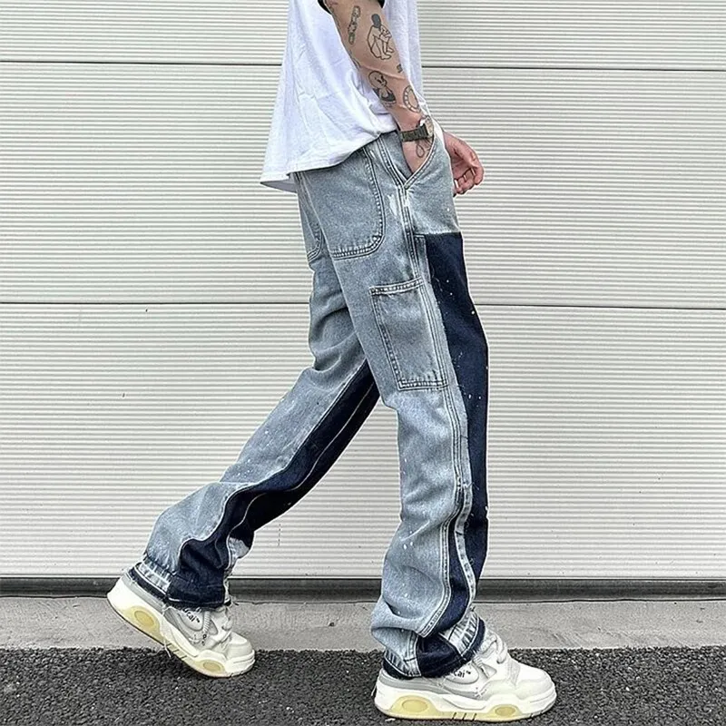 Men's Jeans European Ink Sprayed Flared For Men Contrast Color Looen Fit Streetwear Denim Clothes Open Hem Male's Baggy_mkmklike.com