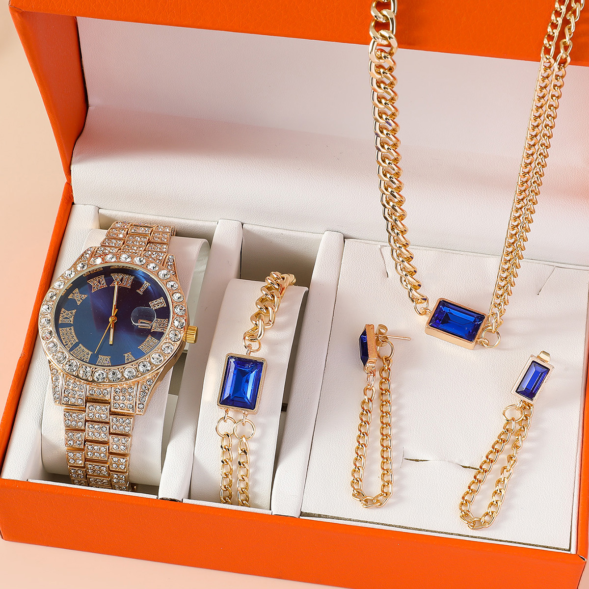 Conjunto de reloj para mujer, conjunto de reloj de cuarzo versátil, pulsera, anillo, pendientes, collar, estilo Ins, nuevo