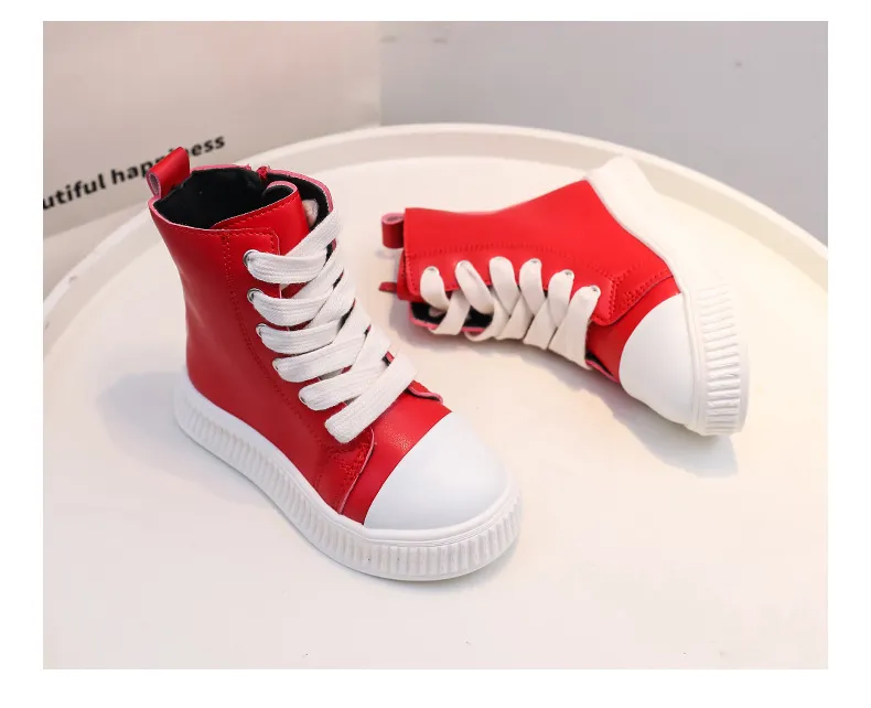 Tênis plataforma infantil preto vermelho couro zíper cadarço crianças meninos meninas casual happysteps fundo grosso criança alta_voghion.com