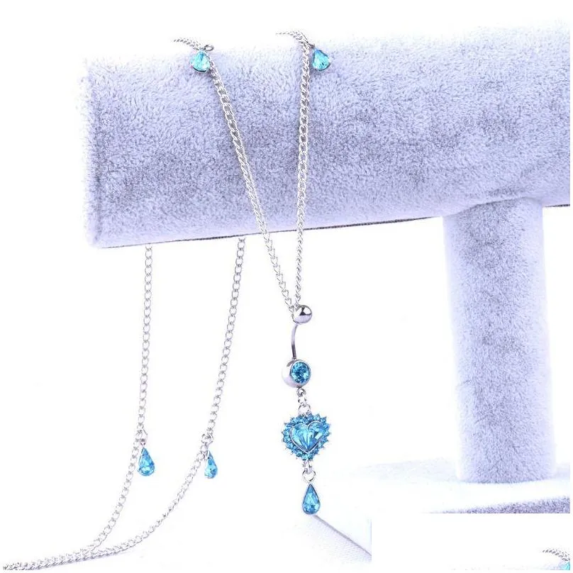 Wassertropfen Pfirsich Herz Kristall Bauchketten Baumeln Knopf Ring Mit Taille Kette Strass Nabel Piercing Körperschmuck_voghion.com