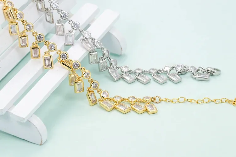 EYIKA Gold Sier Color Sparkling Round Zircon Link With Square CZ Tassel Bracelet for Women Fashion Party Jewelry 240710_voghion.com