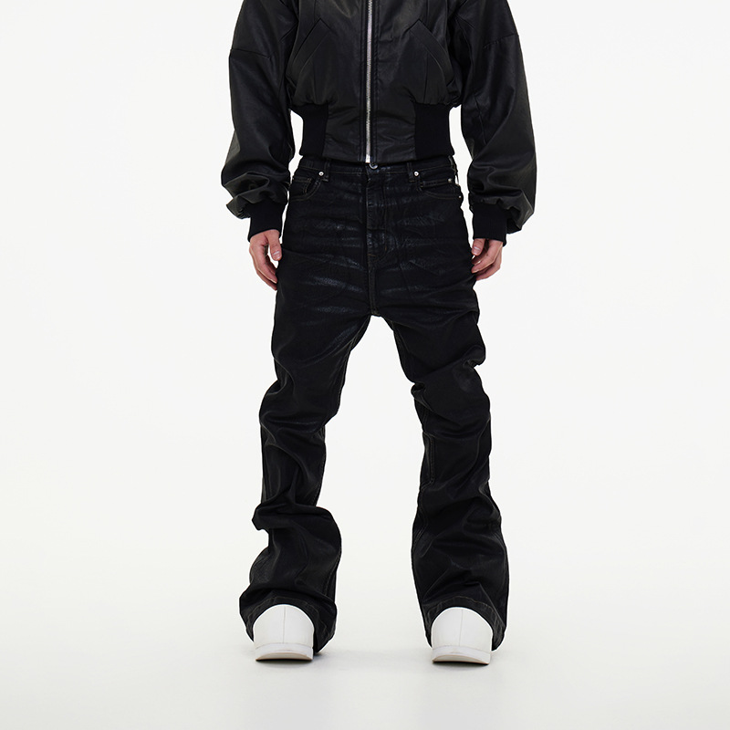 Men’S Clothing Dark Wax Coating Ribbon Slightly Elastic Wide Leg Flared Mopping Piled Denim Trousers