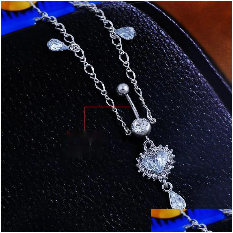 Wassertropfen Pfirsich Herz Kristall Bauchketten Baumeln Knopf Ring Mit Taille Kette Strass Nabel Piercing Körperschmuck_voghion.com