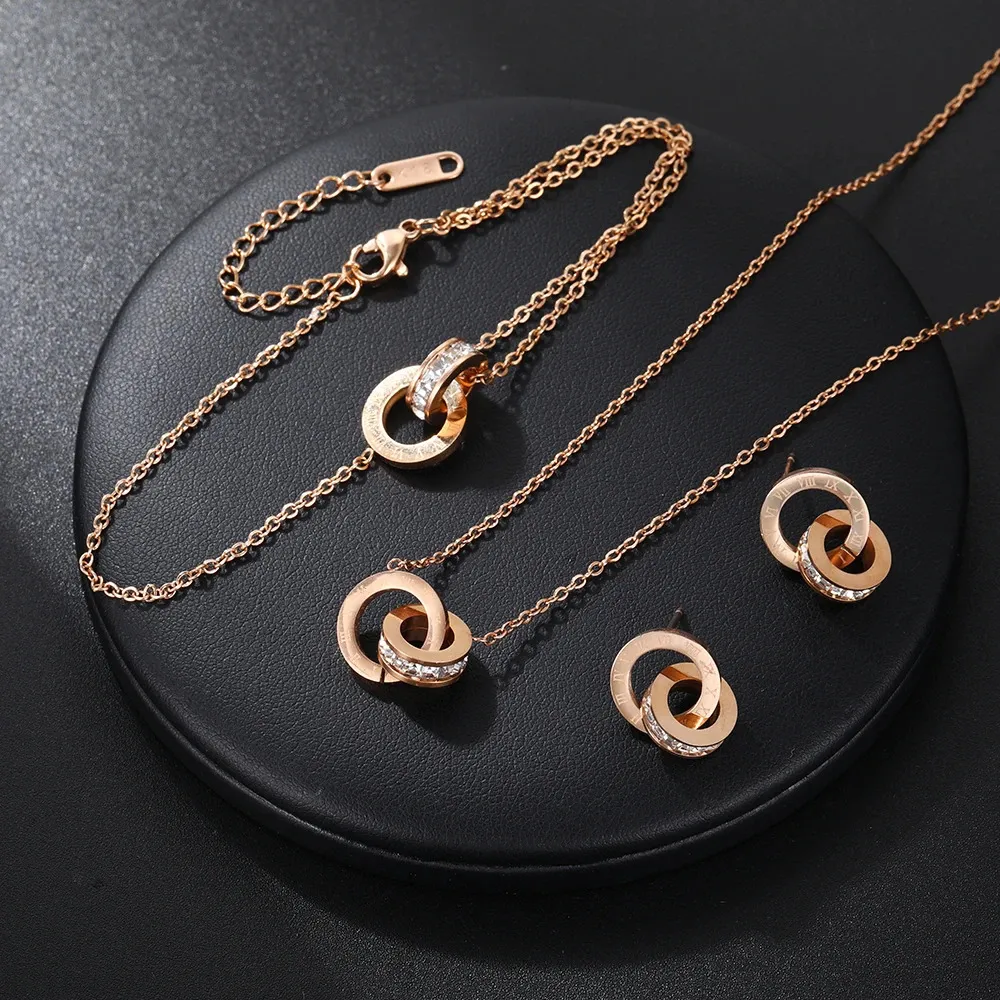Elegant Stainless Steel Roman Numerals Jewelry Set For Women Crystal Earrings Bracelet Necklace Gift 240125_voghion.com
